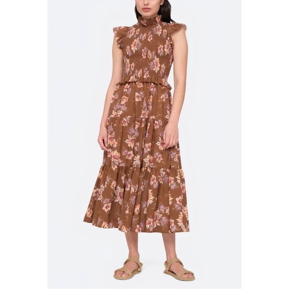 SEA New York Midi Smocked Floral Flutter-Sleeve Sylvie Dress - Picture 1 of 6